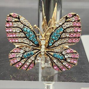 Vintage Betsey Johnson Butterfly Pin/Brooch Pink White Blue Rhinestones Gold